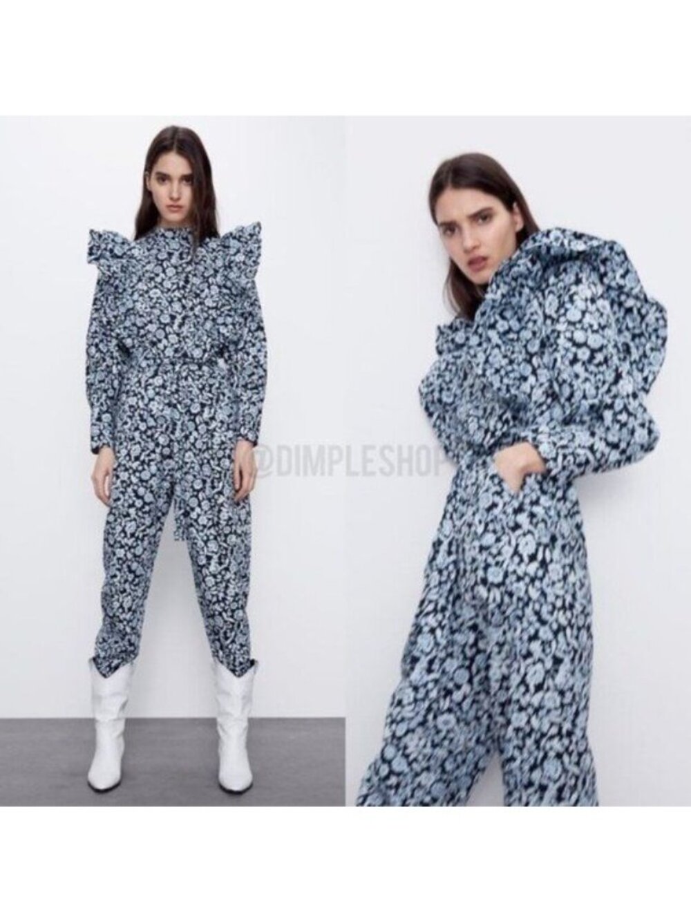 Zara Floral Poplin Ruffle Jumpsuit XS Blue Belted SS20 Blogger Fav TRF Cotton - Picture 13 of 15